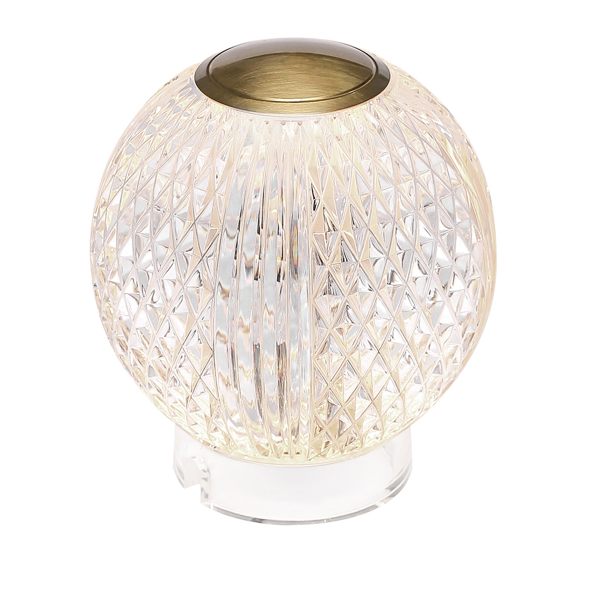Marni 10cm Transparent portabel från Elstead Lighting - Marni &auml;r en elegant och uppladdningsbar bordslampa med en dekorativ design som kombinerar st&aring;l i naturlig m&auml;ssingfinish med transparent, m&ouml;nstrad akryl.