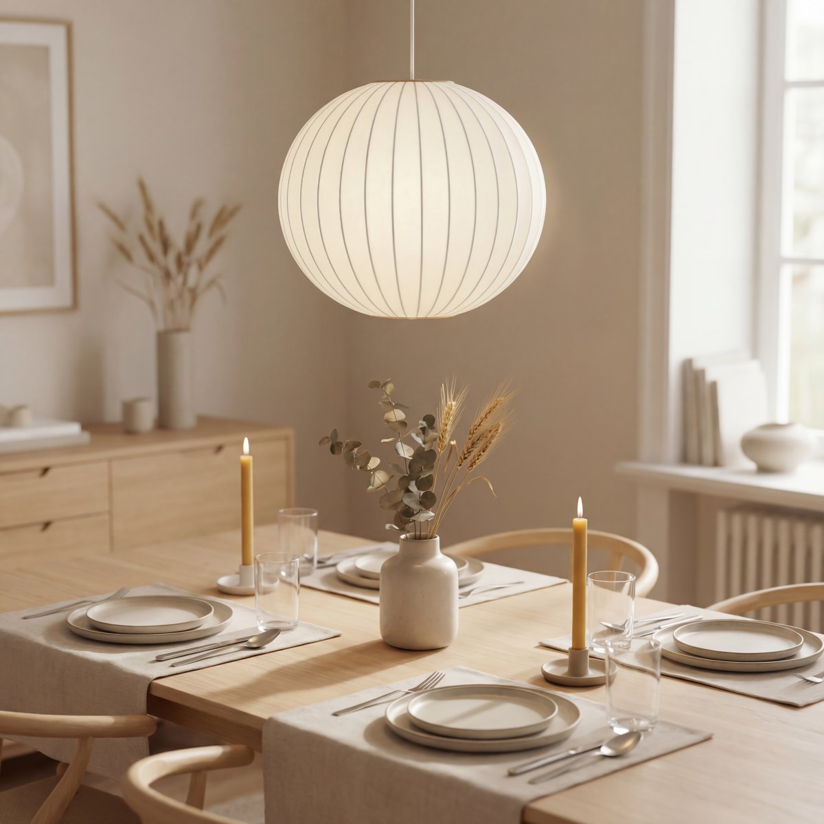 Kanoa Ø40 Vit taklampa från Aneta Lighting - N&auml;r lampan &auml;r t&auml;nd sprids ett behagligt ljus genom tyget och bidrar till en varm och ombonad k&auml;nsla i rummet.