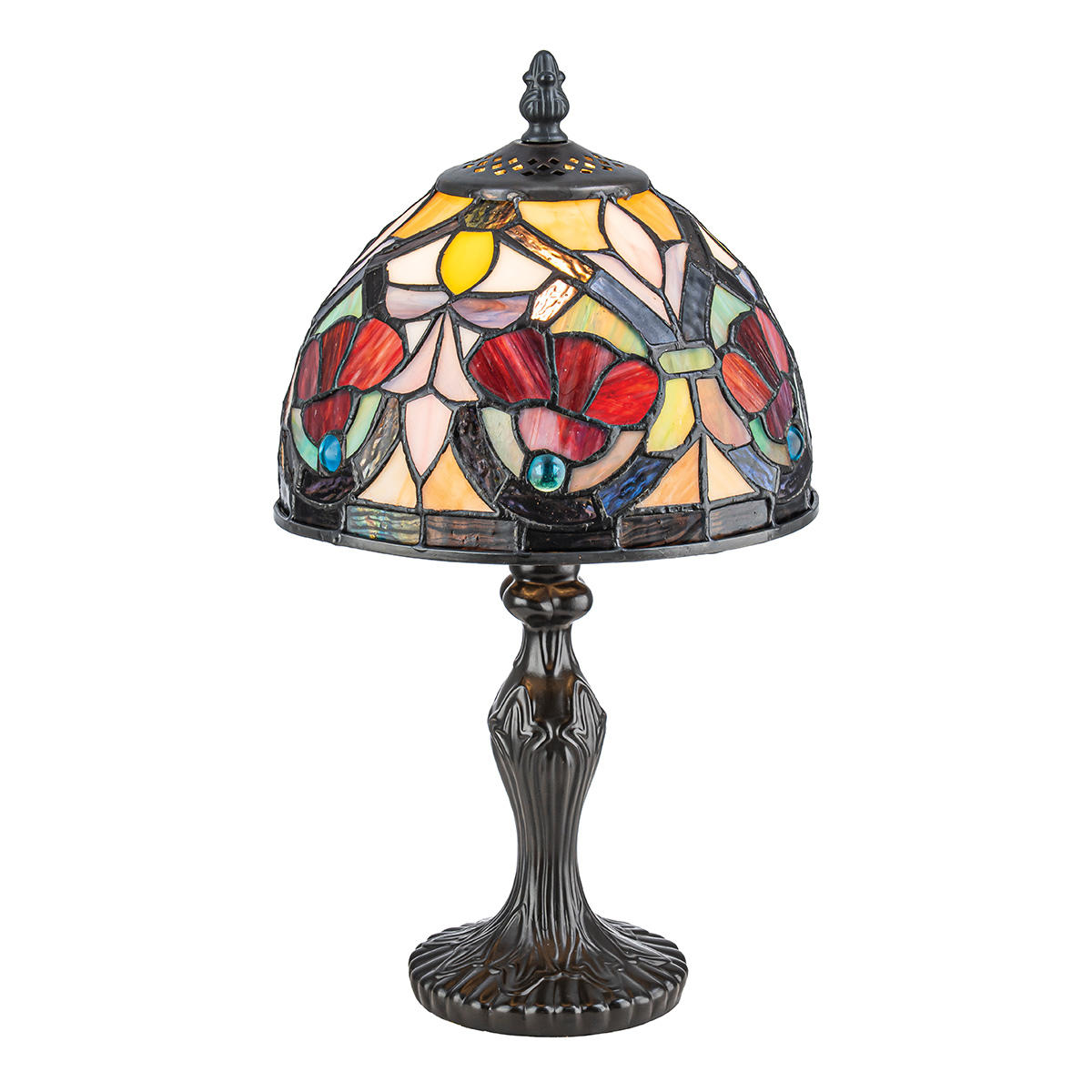 Larissa 37cm Flerfärgad från Elstead Lighting - Den kupolformade sk&auml;rmen best&aring;r av f&auml;rgat konstglas i vackra nyanser av r&ouml;tt, gult, gr&ouml;nt och bl&aring;tt som tillsammans bildar ett detaljrikt och f&auml;rgstarkt m&ouml;nster.