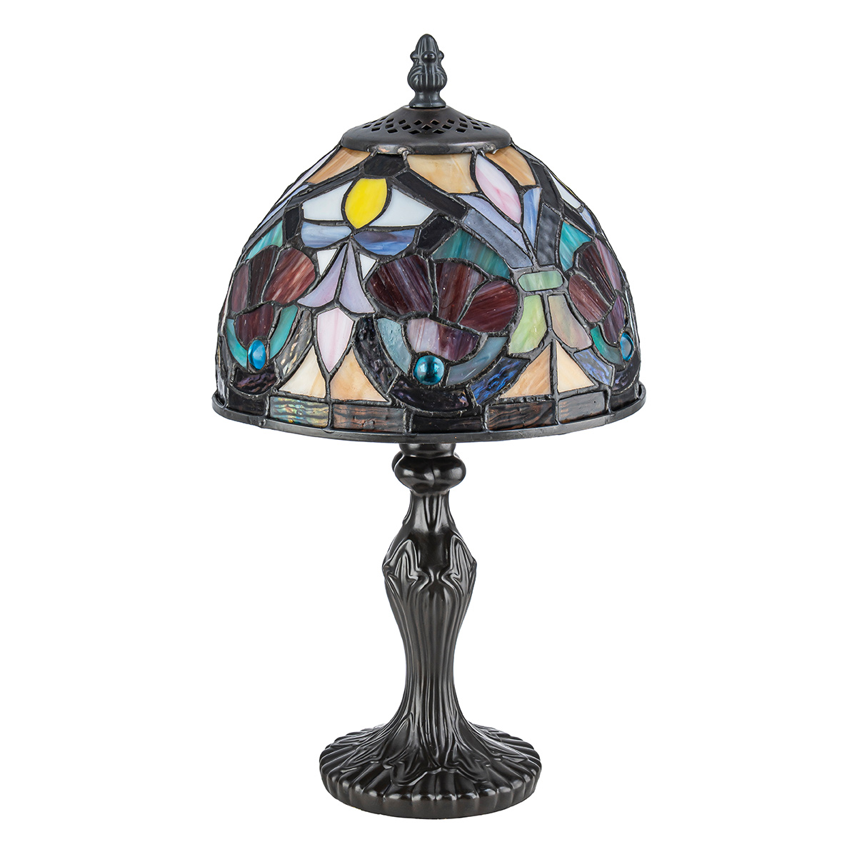 Larissa 37cm Flerfärgad från Elstead Lighting - Den kupolformade sk&auml;rmen best&aring;r av f&auml;rgat konstglas i vackra nyanser av r&ouml;tt, gult, gr&ouml;nt och bl&aring;tt som tillsammans bildar ett detaljrikt och f&auml;rgstarkt m&ouml;nster.
