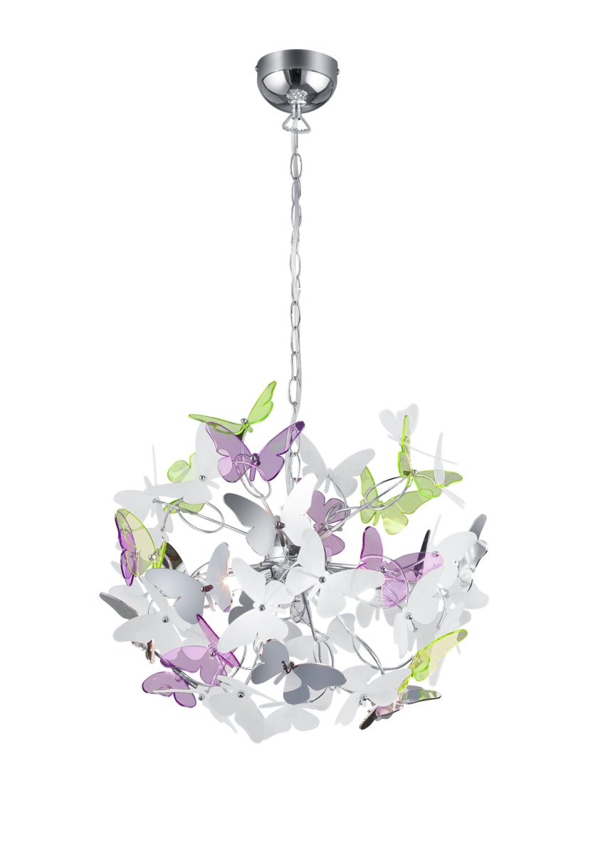 Butterfly Ø50 Flerfärgad barnlampa från Trio Lighting - Lampan med en diameter p&aring; 50cm och en maximal upph&auml;ngningsl&auml;ngd p&aring; 150cm kan utformas antingen enf&auml;rgat och monokromt eller med f&auml;rgstarka accenter med hj&auml;lp av de bifogade fj&auml;rilarna.