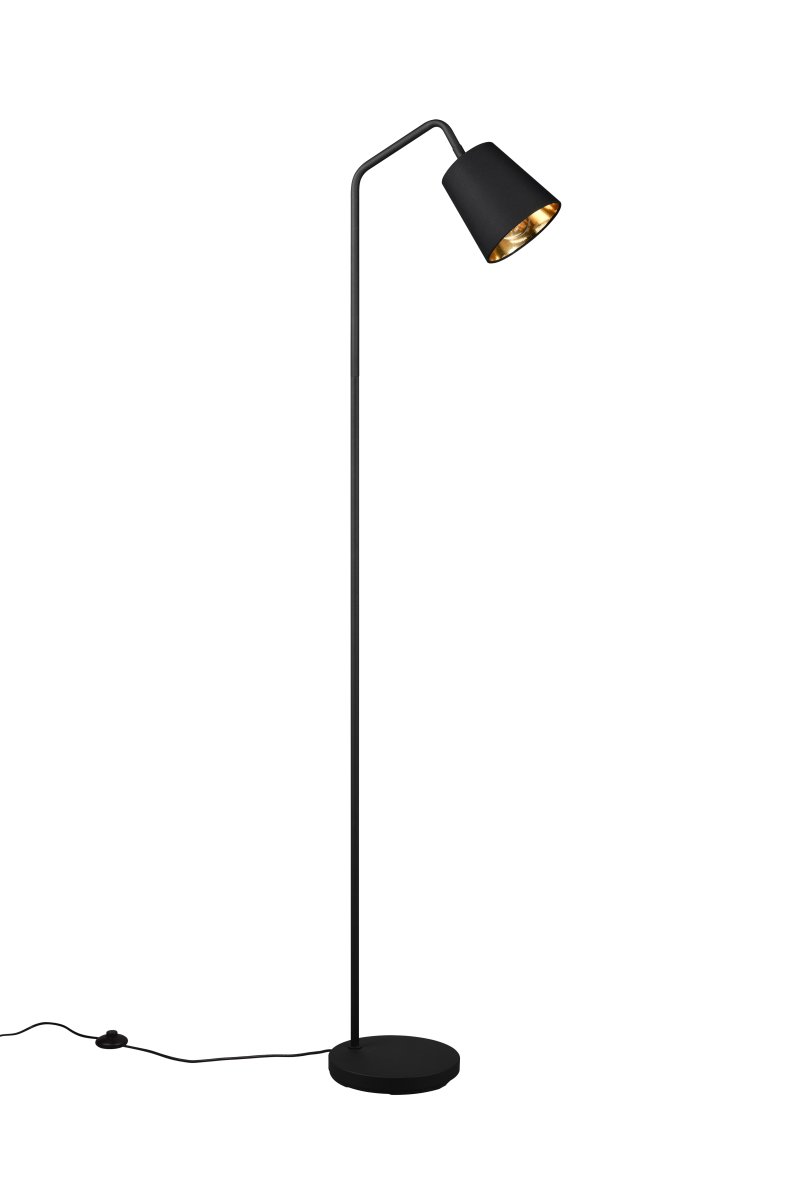 Buddy Svart golvlampa från Trio Lighting - Den riktbara tygsk&auml;rmen med en gyllene insida g&ouml;r att du flexibelt kan anpassa ljuset efter dina behov.