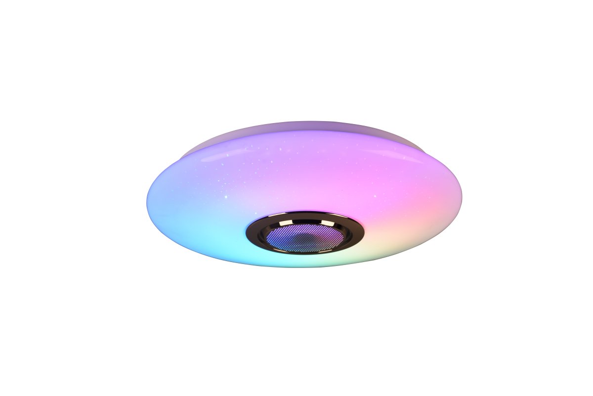 Musica Ø40 Vit barnlampa från Trio Lighting - Taklampan Musica sprider gott hum&ouml;r med en integrerad Bluetooth-h&ouml;gtalare och ger r&auml;tt ljus f&ouml;r en st&auml;mningsfull milj&ouml;.