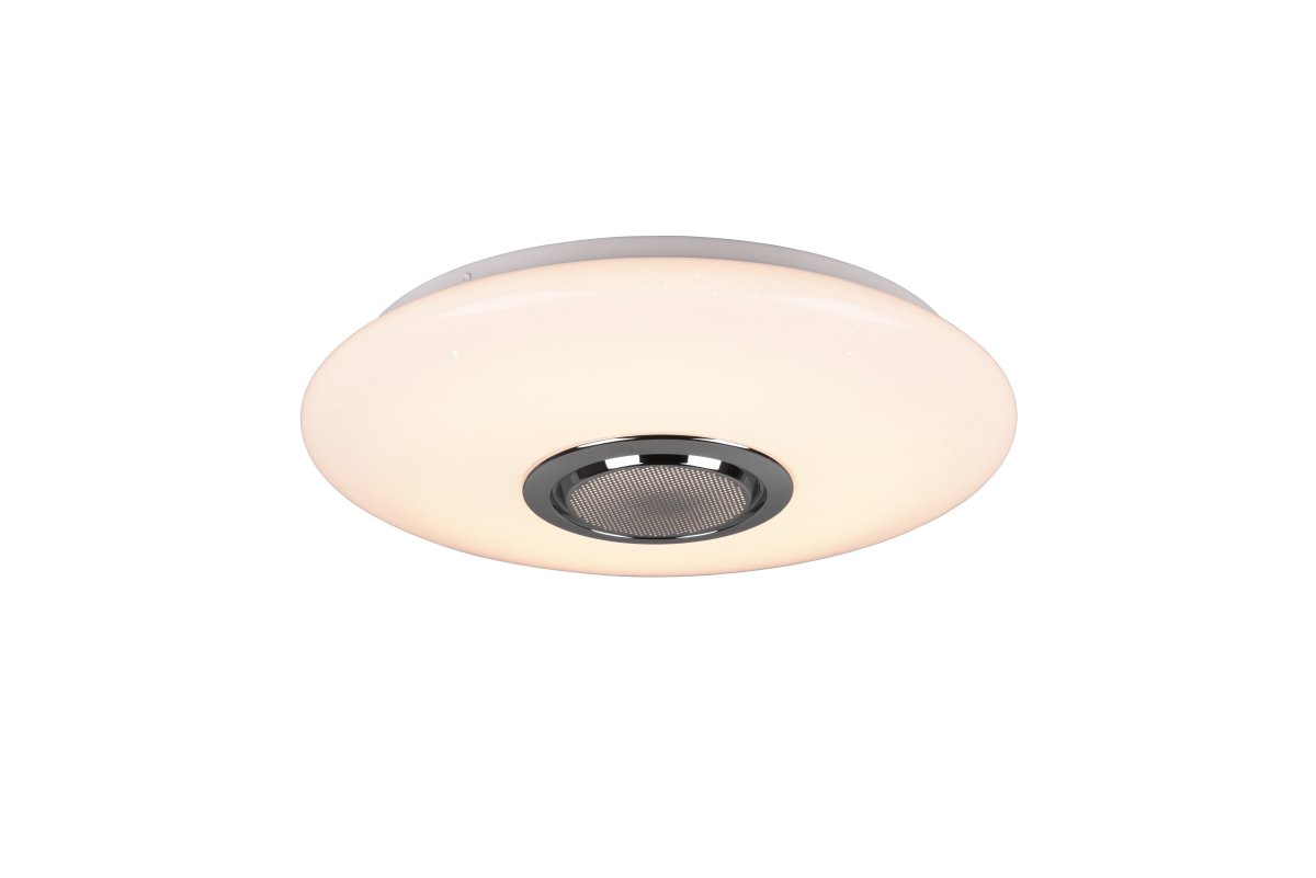 Musica Ø40 Vit barnlampa från Trio Lighting - Taklampan Musica sprider gott hum&ouml;r med en integrerad Bluetooth-h&ouml;gtalare och ger r&auml;tt ljus f&ouml;r en st&auml;mningsfull milj&ouml;.