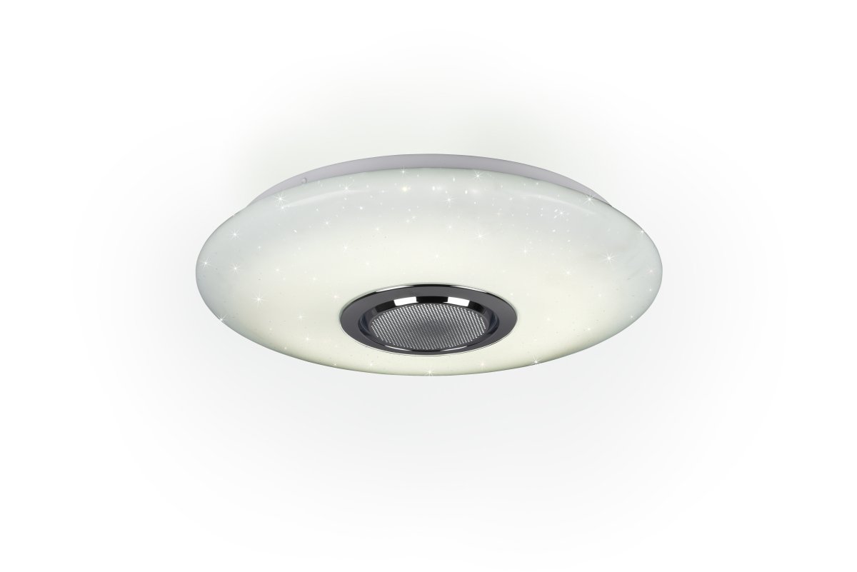 Musica Ø40 Vit barnlampa från Trio Lighting - Taklampan Musica sprider gott hum&ouml;r med en integrerad Bluetooth-h&ouml;gtalare och ger r&auml;tt ljus f&ouml;r en st&auml;mningsfull milj&ouml;.