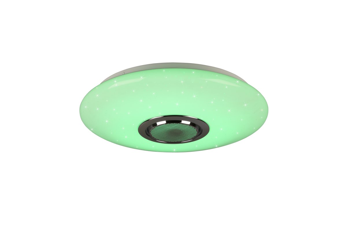 Musica Ø40 Vit barnlampa från Trio Lighting - Taklampan Musica sprider gott hum&ouml;r med en integrerad Bluetooth-h&ouml;gtalare och ger r&auml;tt ljus f&ouml;r en st&auml;mningsfull milj&ouml;.