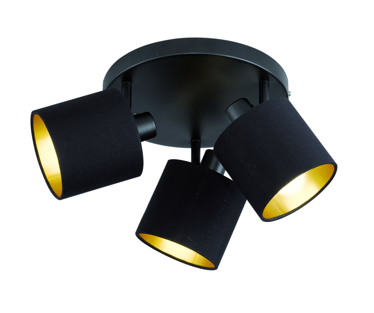 Tommy 3 Svart spotlight från Trio Lighting - Tillverkad i mattsvart metall med eleganta sk&auml;rmar i svart och guld, skapar Tommy eleganta ljusaccenter som ger ditt vardagsrum en sofistikerad och inbjudande atmosf&auml;r.