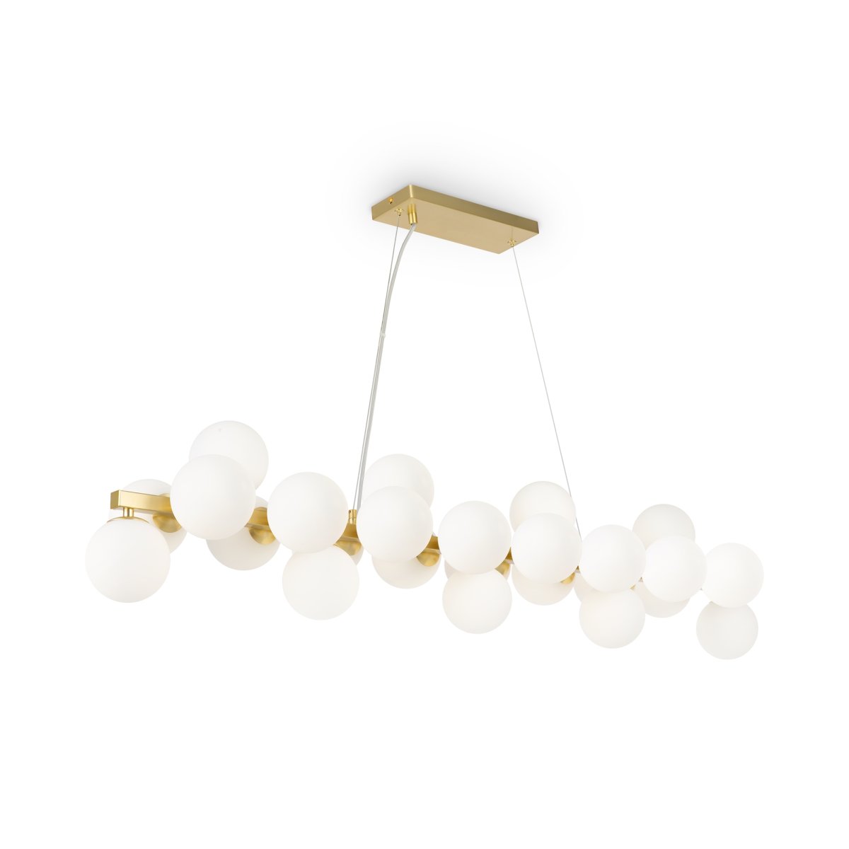 Dallas 123cm Guld taklampa från Maytoni - Dess unika design med runda glaskupor i olika riktningar skapar ett dramatiskt och elegant ljusspel som fyller rummet med v&auml;rme och karakt&auml;r.
