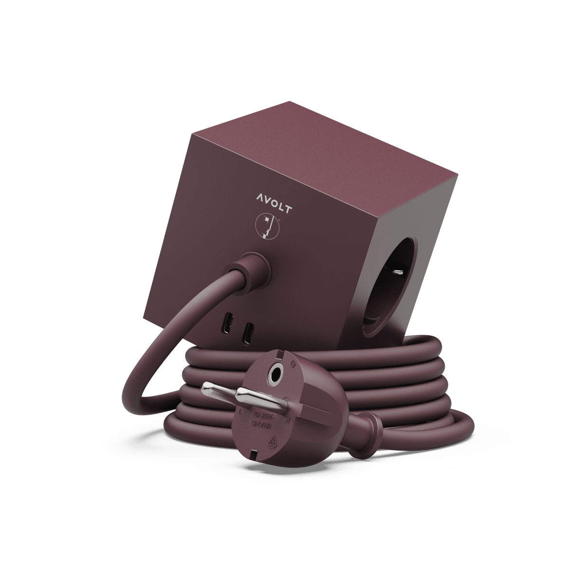 Zoom bild av Square 1 with 30W Dual USBC & Magnetic base, 1.8m Vinröd från Avolt - Grenuttag fr&aring;n Avolt med en stilren design med en l&aring;ng sladd i PVC, en kub i &aring;tervunnen plast och en magnetplatta i botten f&ouml;r att kunna h&auml;ngas upp p&aring; v&auml;ggen.