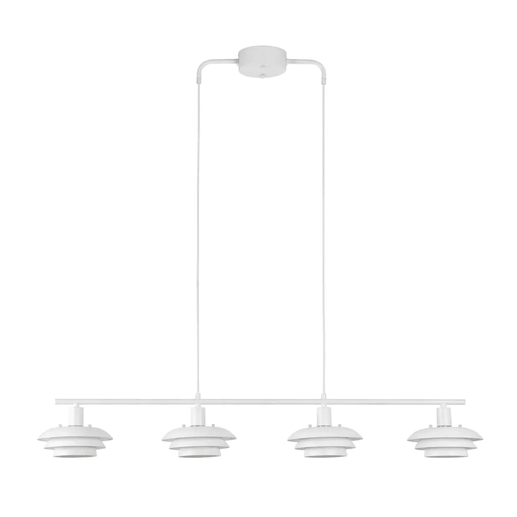 Stealth 120cm Vit taklampa från Nordic Lighting - Stealth &auml;r en stilren taklampa i vit metall med fyra ned&aring;triktade sk&auml;rmar som ger ett behagligt, riktat ljus &ouml;ver exempelvis matbord eller k&ouml;ks&ouml;.