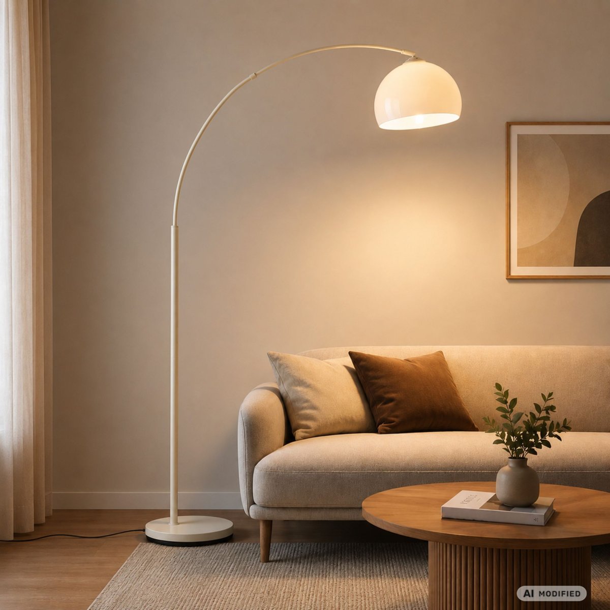 Vessa Beige golvlampa från Brilliant - Vessa &auml;r en stilren golvlampa i beige metall med en vit kupa i plast som ger lampan ett mjukt och elegant uttryck.
