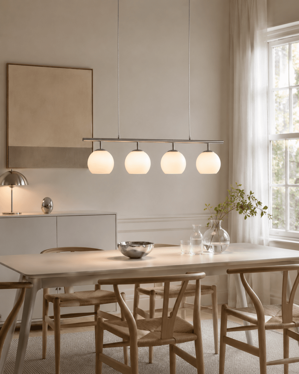 Globi 4 78cm Nickel taklampa från Nordic Lighting - Metallupph&auml;ngningen i matt nickelfinish ger ett elegant och grafiskt uttryck, medan de fyra runda kuporna i opalglas sprider ett behagligt och j&auml;mnt ljus i rummet.