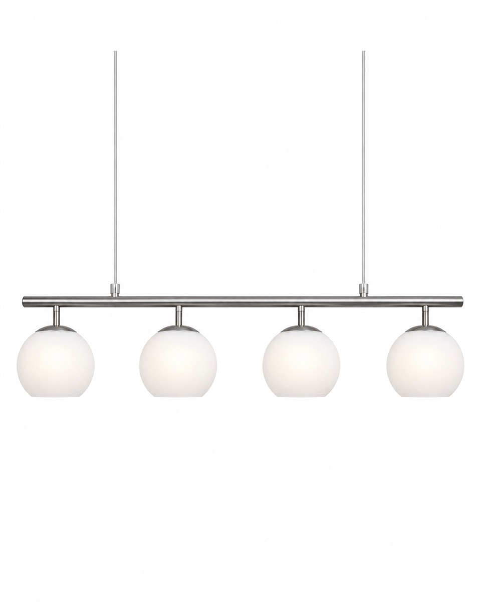 Globi 4 78cm Nickel taklampa från Nordic Lighting - Metallupph&auml;ngningen i matt nickelfinish ger ett elegant och grafiskt uttryck, medan de fyra runda kuporna i opalglas sprider ett behagligt och j&auml;mnt ljus i rummet.