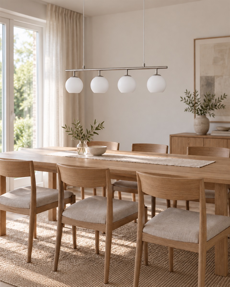Globi 4 78cm Nickel taklampa från Nordic Lighting - Metallupph&auml;ngningen i matt nickelfinish ger ett elegant och grafiskt uttryck, medan de fyra runda kuporna i opalglas sprider ett behagligt och j&auml;mnt ljus i rummet.