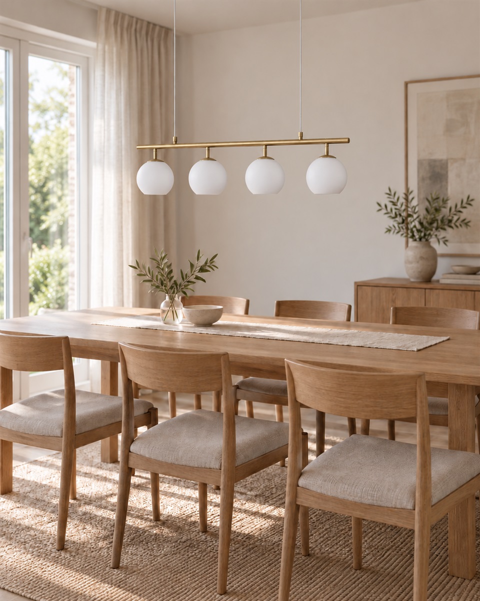 Globi 4 78cm Borstad mässing/vit taklampa från Nordic Lighting - &nbsp; Metallupph&auml;ngningen i borstad m&auml;ssingfinish ger ett elegant och grafiskt uttryck, medan de fyra runda kuporna i opalglas sprider ett behagligt och j&auml;mnt ljus i rummet.