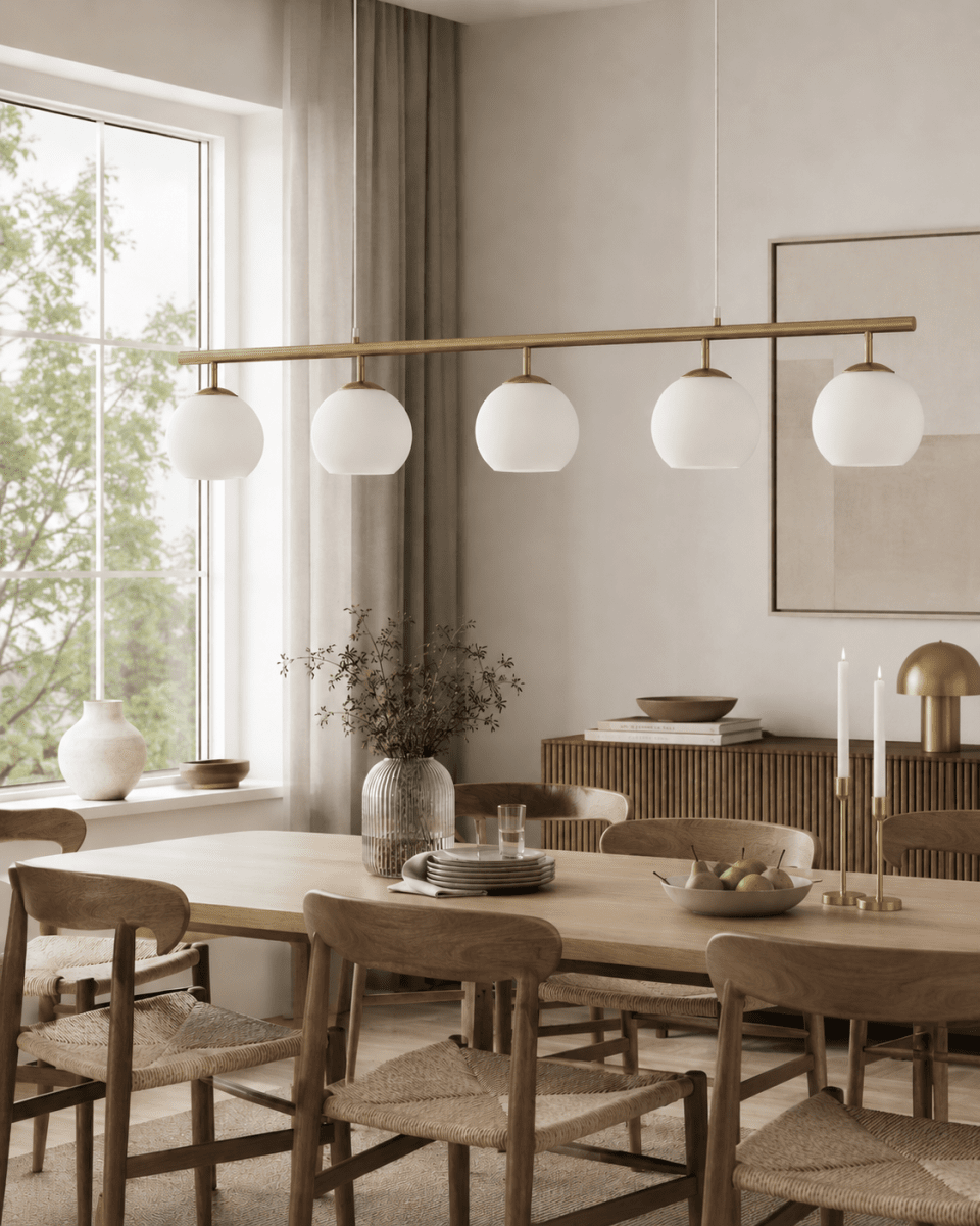 Globi 5 120cm Borstad mässing/vit taklampa från Nordic Lighting - Metallupph&auml;ngningen i borstad m&auml;ssingfinish ger ett elegant och grafiskt uttryck, medan de fem runda kuporna i opalglas sprider ett behagligt och j&auml;mnt ljus i rummet.