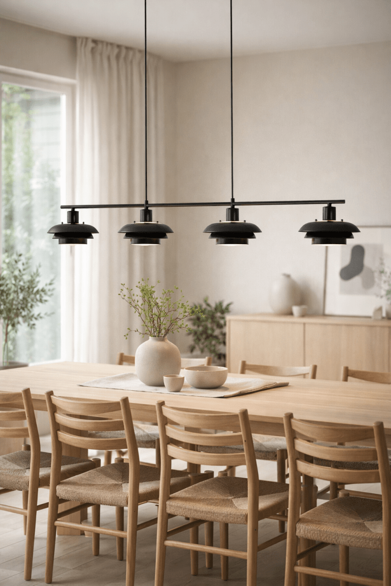 Stealth 120cm Svart taklampa från Nordic Lighting - Stealth &auml;r en stilren taklampa i svart metall med fyra ned&aring;triktade sk&auml;rmar som ger ett behagligt, riktat ljus &ouml;ver exempelvis matbord eller k&ouml;ks&ouml;.