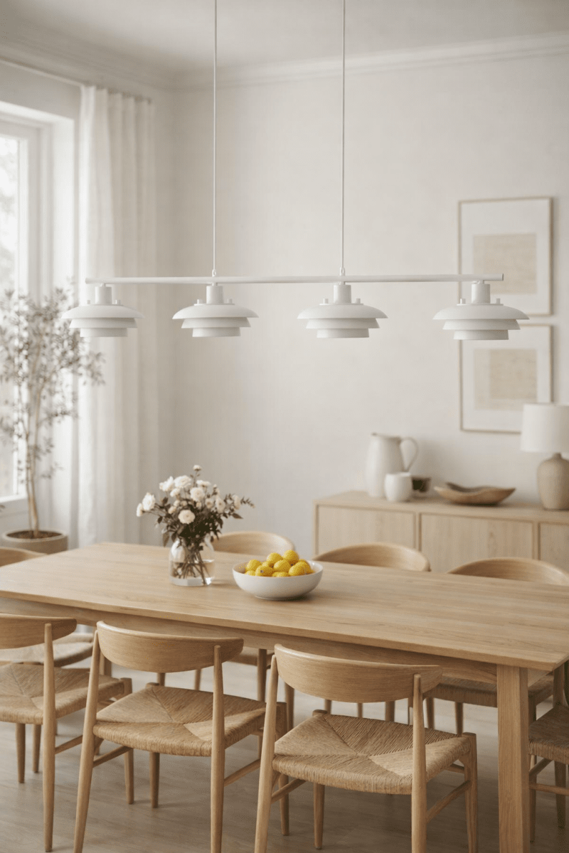 Stealth 120cm Vit taklampa från Nordic Lighting - Stealth &auml;r en stilren taklampa i vit metall med fyra ned&aring;triktade sk&auml;rmar som ger ett behagligt, riktat ljus &ouml;ver exempelvis matbord eller k&ouml;ks&ouml;.