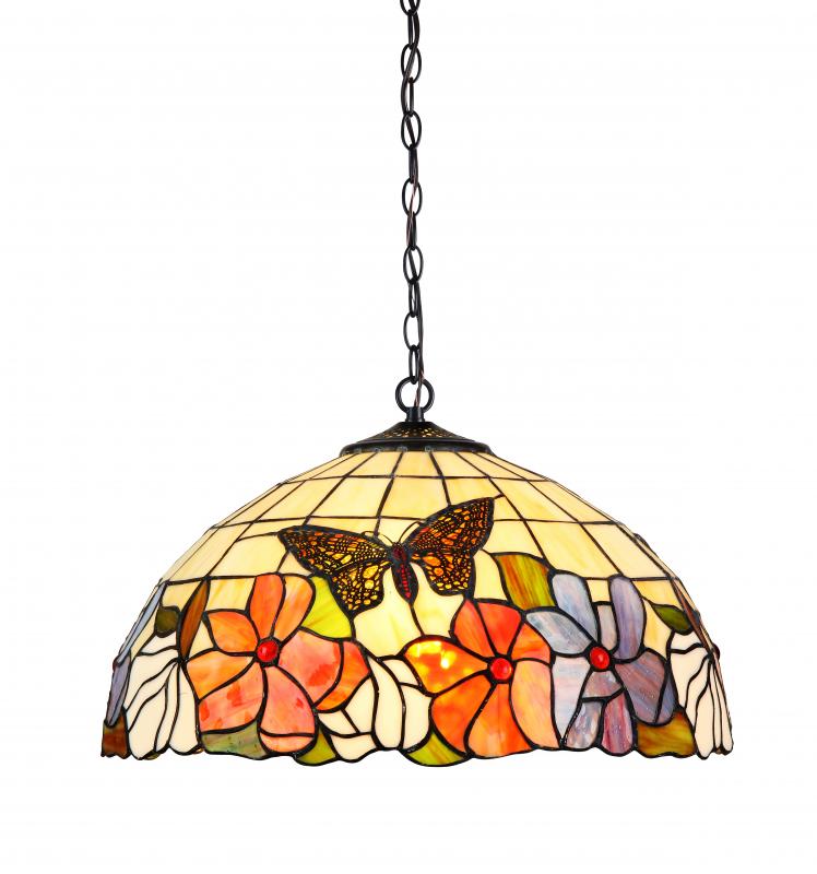 Tropisk Ø40 Flerfärgad från Norrsken Design - Tropisk &auml;r en klassisk Tiffany lampa med vacker design med blommor och fj&auml;rilar i olika f&auml;rger.
