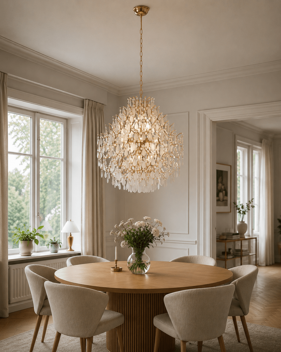 Palais Ø58 Guld kristall från Lampan - Lampan &auml;r kl&auml;dd med frostade prismor som ger ett mjukt, dr&ouml;mlikt ljusspel och skapar en exklusiv atmosf&auml;r i rummet.