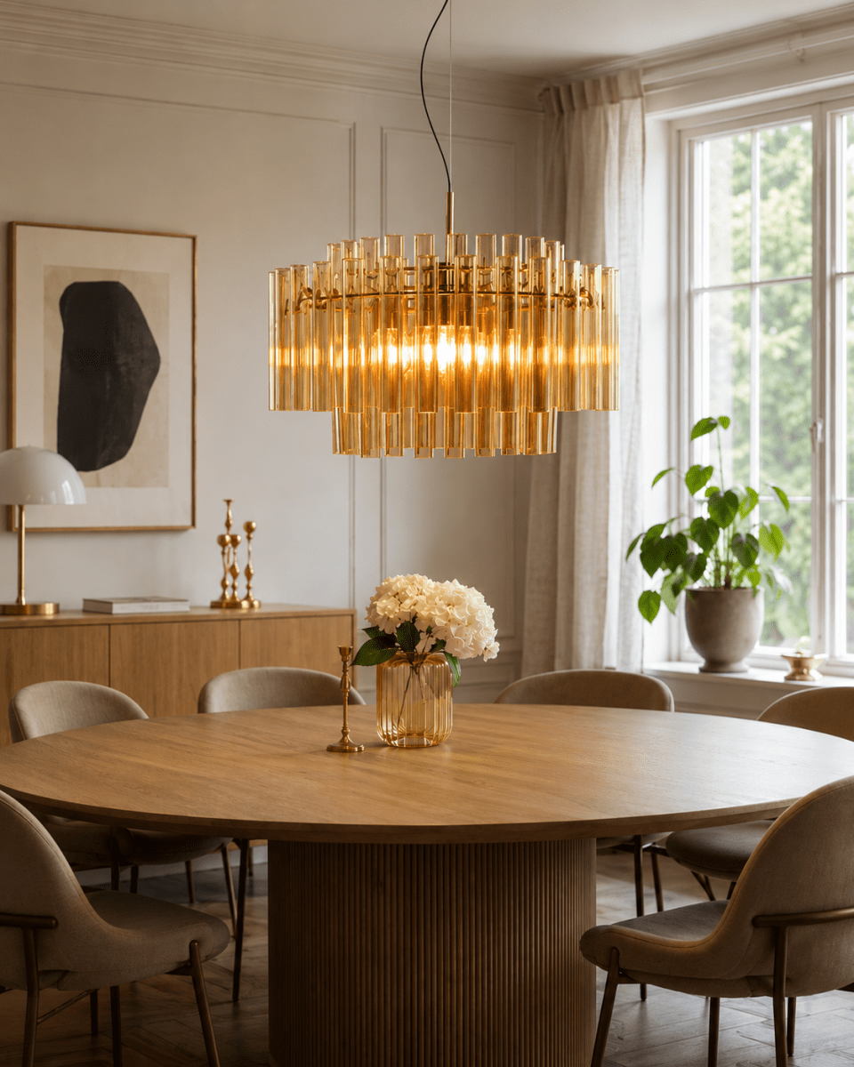 Lancaster Ø54 Mässing/amber taklampa från Lampan - Designen med sina raka linjer och varma nyanser g&ouml;r lampan perfekt b&aring;de i moderna och klassiska milj&ouml;er.