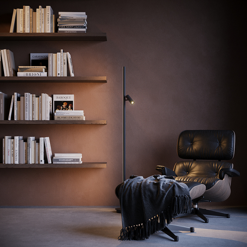 Thin Svart golvlampa från Maytoni - Den har en r&ouml;rlig spotlight med starkt ljus, perfekt som l&auml;slampa, och en touchdimmer f&ouml;r enkel ljusjustering.