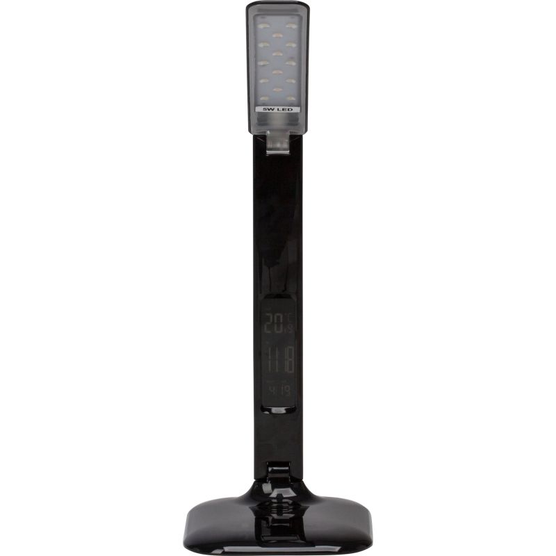Glenn 55cm Svart skrivbordslampa från Brilliant - Det justerbara lamphuvudet och lederna g&ouml;r att ljuset enkelt kan riktas dit det beh&ouml;vs, och lampan &auml;r utrustad med b&aring;de USB-port f&ouml;r laddning och en klocka med alarm, datum- och temperaturvisning.