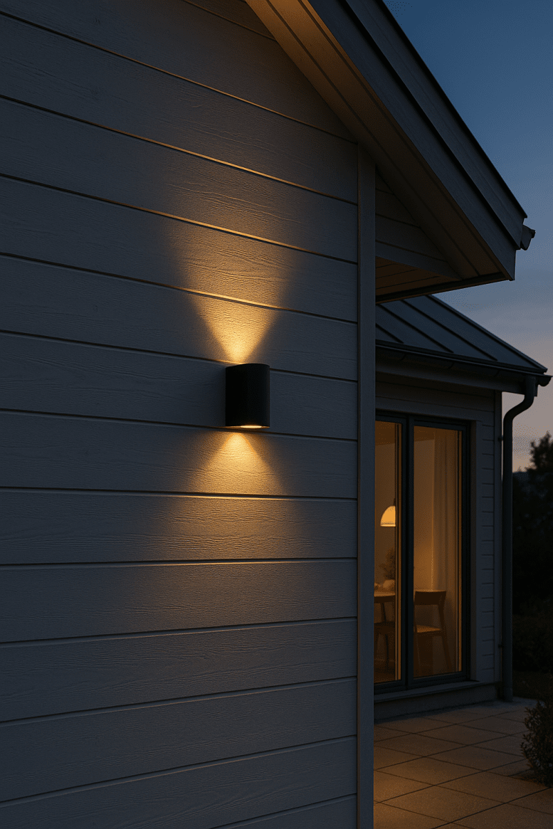 Tor duo Svart utelampa från Lampan - Lampan lyser fint ner och upp p&aring; v&auml;ggen och skapar en h&auml;rlig atmosf&auml;r.