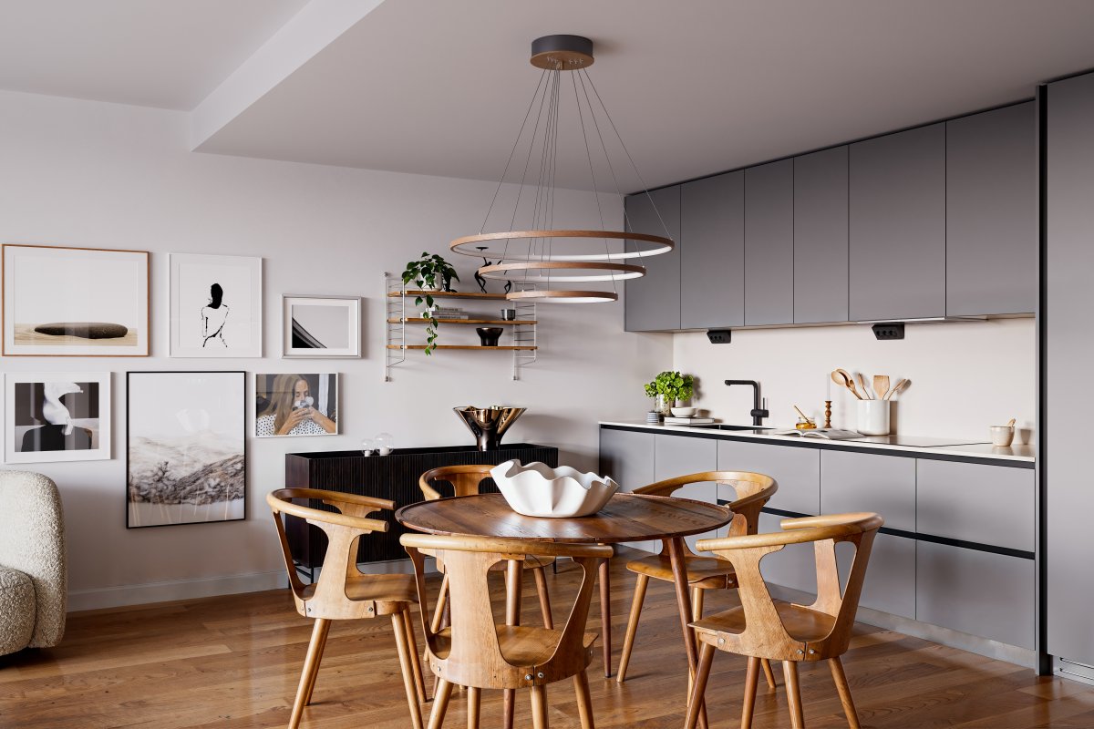 Trione Ø80 Valnöt taklampa från By Rydéns - Varje ring (80 cm, 60 cm, och 40 cm i diameter) kan enkelt justeras i h&ouml;jd och placering med lampans vajerf&auml;sten.