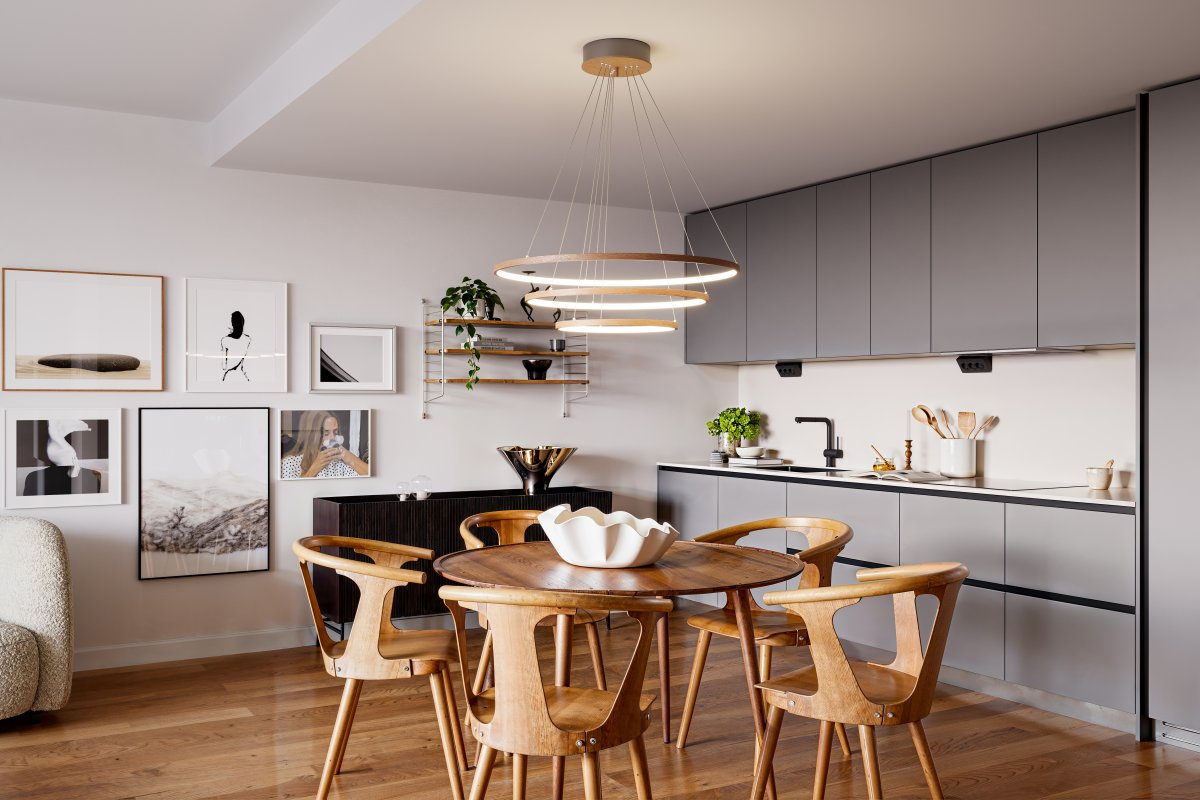 Trione Ø80 Valnöt taklampa från By Rydéns - Varje ring (80 cm, 60 cm, och 40 cm i diameter) kan enkelt justeras i h&ouml;jd och placering med lampans vajerf&auml;sten.