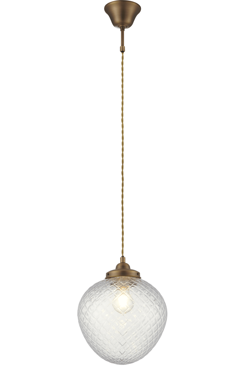 Gatsby Ø25 Antikmässing taklampa från Aneta Lighting - Gatsby takpendel har ett klassiskt och elegant uttryck med detaljer i antik m&auml;ssingsfinish och en dekorativ kupa i klart, m&ouml;nstrat glas.