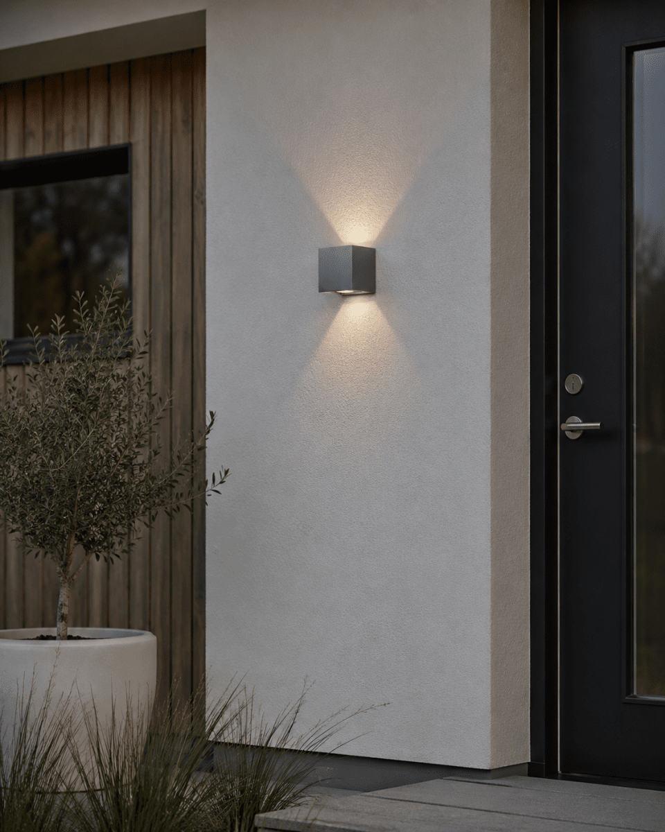 Alu Box 12cm Aluminium vägglampa från Lampan - Den unika designen skapar ett vackert upp- och nedljus som faller mjukt mot v&auml;ggen och ger rummet en behaglig och inbjudande atmosf&auml;r.