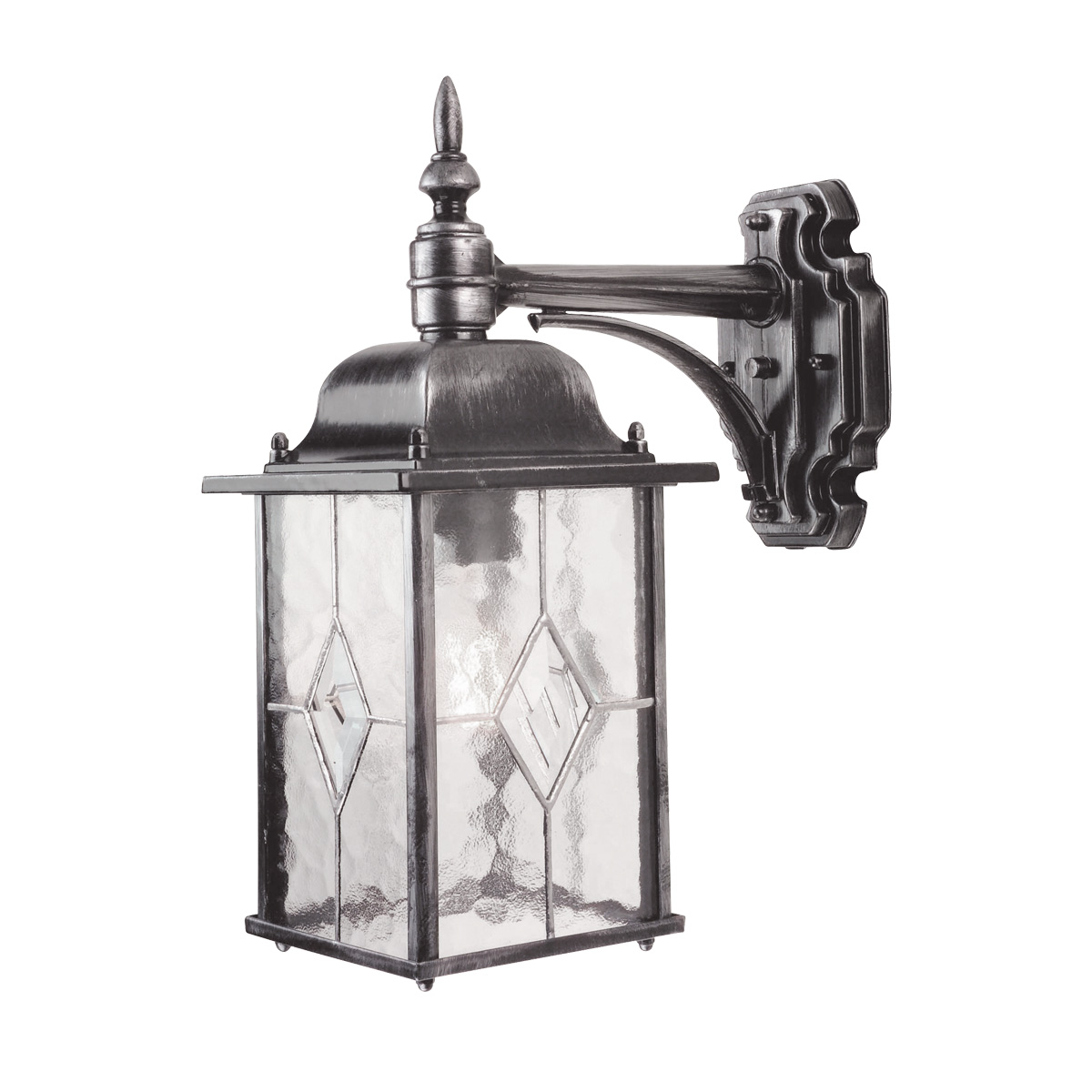 Wexford Silver utelampa från Elstead Lighting - Wexford &auml;r en klassisk v&auml;gglampa f&ouml;r utomhusbruk, tillverkad av aluminium med en elegant finish i m&ouml;rk silver och dekorativa glaspartier med blyinfattat m&ouml;nster.