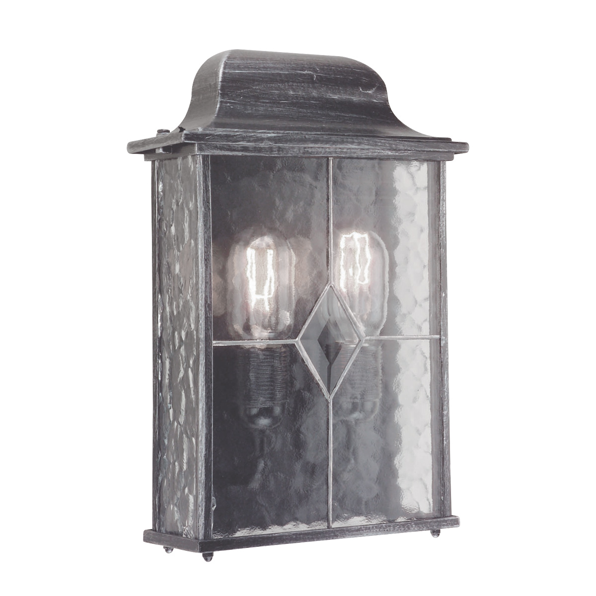 Wexford Silver utelampa från Elstead Lighting - Wexford &auml;r en klassisk v&auml;gglampa f&ouml;r utomhusbruk, tillverkad av aluminium med en elegant finish i m&ouml;rk silver och dekorativa glaspartier med blyinfattat m&ouml;nster.