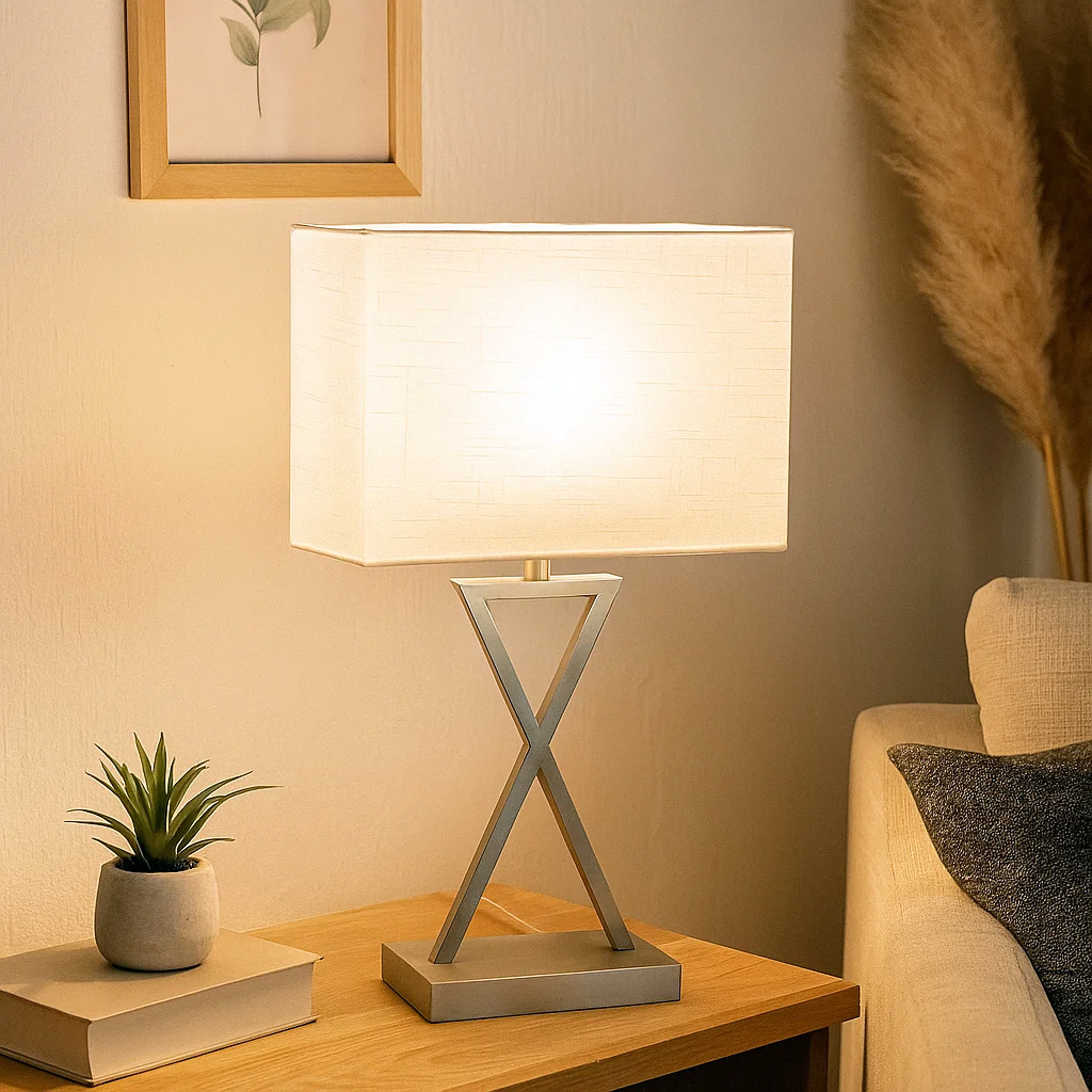 X-factor 54cm Nickel bordslampa från Nordic Lighting - X-factor bordslampa kombinerar en modern geometrisk metallfot i elegant satin nickelfinish med en vit linnesk&auml;rm.