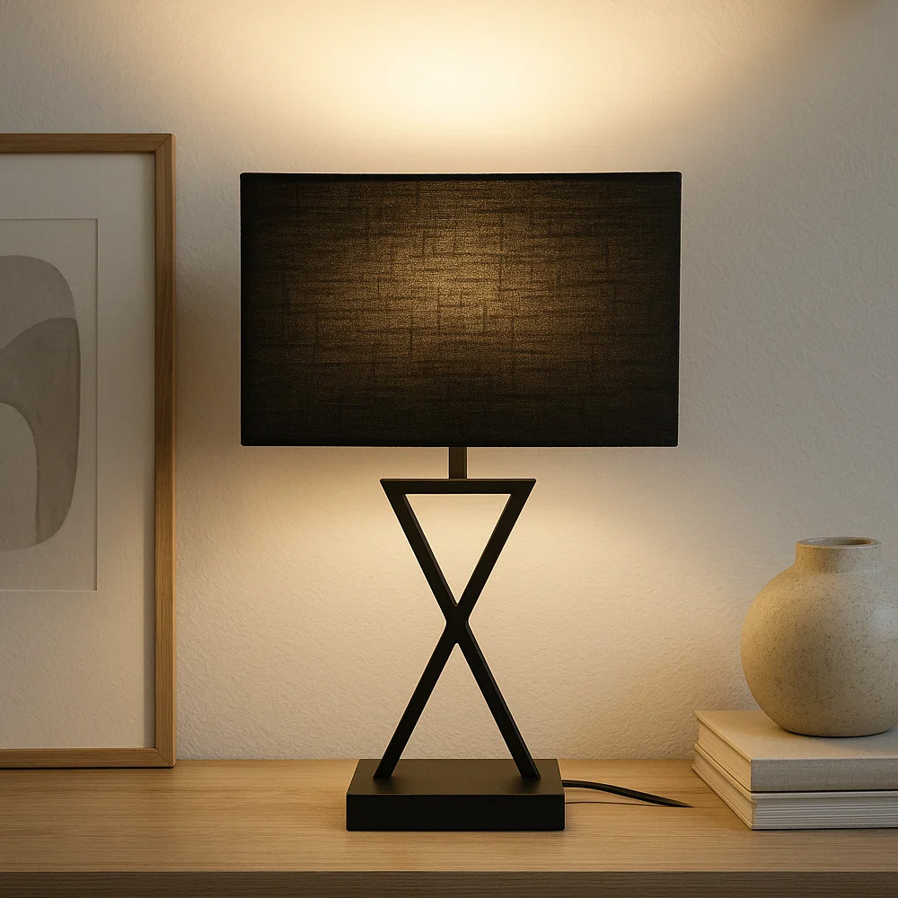 X-factor 54cm Svart bordslampa från Nordic Lighting - X-factor bordslampa kombinerar en modern geometrisk metallfot i elegant svart finish med en svart linnesk&auml;rm.